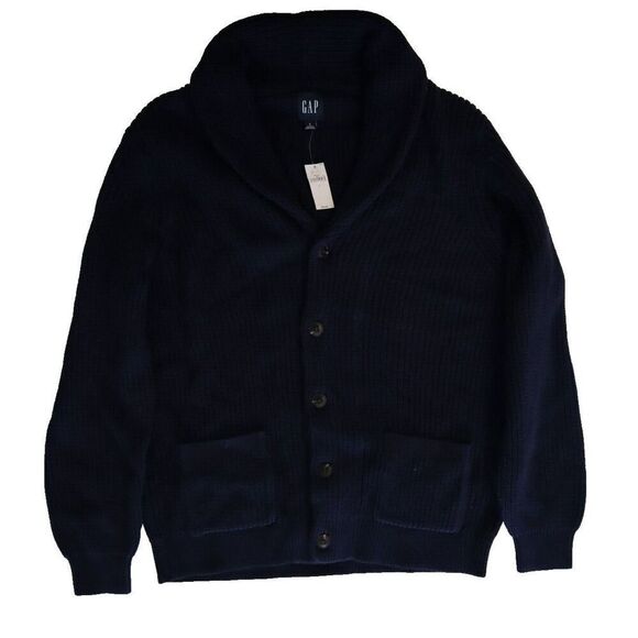 Gap 787070 Men Size L Heavy Knit Rib Shawl Collar Cardigan Navy Blue Cotton - Picture 3 of 8